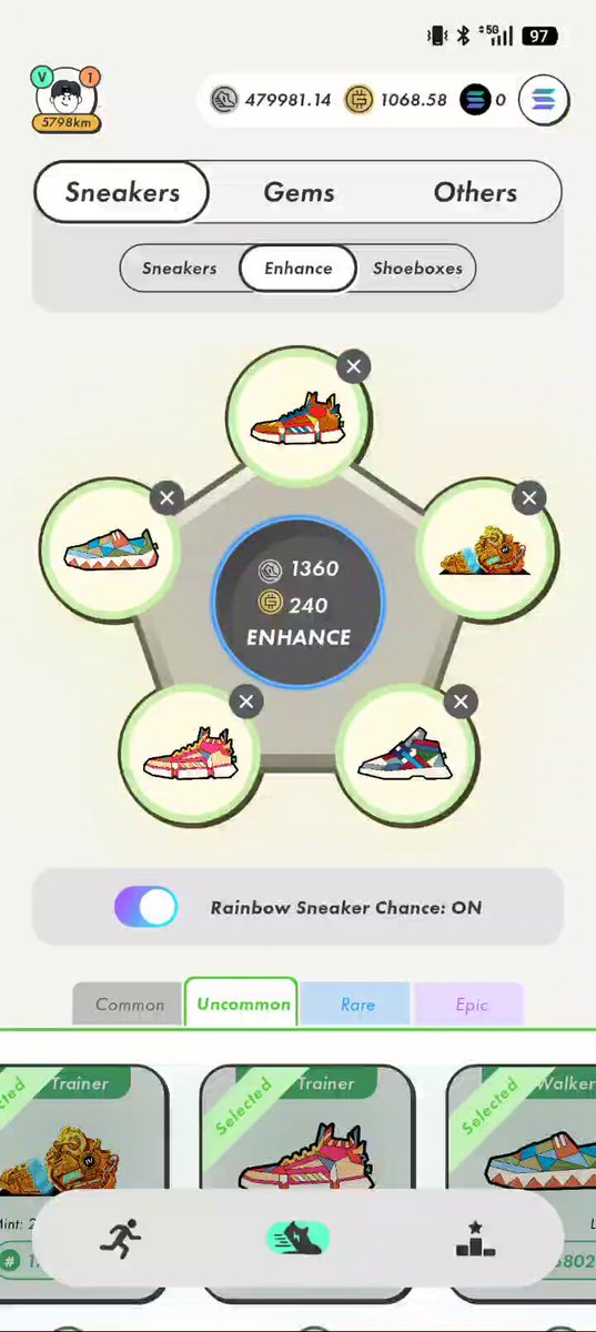 The image shows a phone screen displaying an app called "Stepn Surprises". The app has a pink background with white text, and there are several pairs of Rainbow sneakers displayed on the screen. A user's name appears below the app icon, indicating that this is their account or profile. The post also mentions that the user has received Rainbow sneakers as a gift from Stepn Surprises.