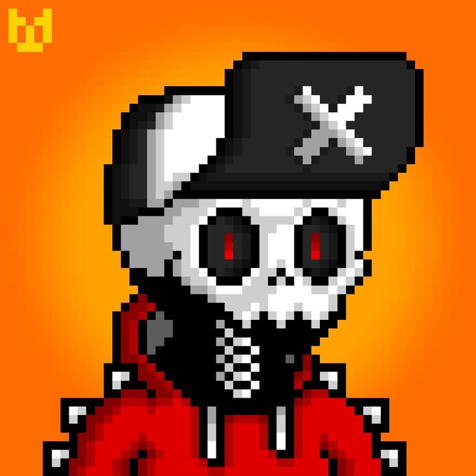 A pixel art character features a white skull-like face with red eyes, wearing a black pirate hat adorned with a white crossbones symbol, and a red coat with a black beard.