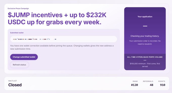 A dashboard interface for an 'Exclusive Perps Campaign' offering '$JUMP incentives + up to $232K USDC up for grabs every week', showing a waitlist status of 'Closed' with rank #129, 48 referrals, and 910 points.
