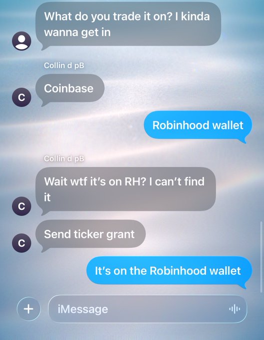 A text message conversation shows a user asking "What do you trade it on? I kinda wanna get in" on Coinbase, with replies directing them to "Robinhood wallet," while the friend struggles to find it ("Wait wtf it's on RH? I can't find it") and asks for the ticker, illustrating the confusion wallet-based tokens cause for everyday investors trying to buy $TENDIES.