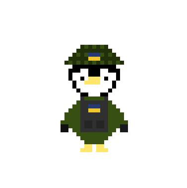 A pixel art character dressed in green military-style clothing with a hat, set against a white background.