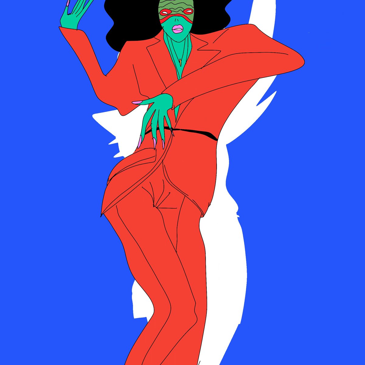 The image features a woman wearing an orange suit with green accents, standing against a blue background. The woman appears to be posing for a picture or drawing, possibly as part of a comic strip or illustration.