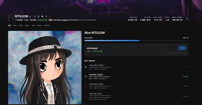 A screenshot of an NFT minting page titled "Mint RITILOW" on Rarible, displaying a cartoon character with a black hat and the text "Ritilow #11000" with a price of 4172 ETH, a blue Mint button, and a tiered schedule showing 25,000 available mints per phase. The page relates to the post about the GTD (guaranteed) mint project valued over $25, with a link to the Ritilow collection on OpenSea.