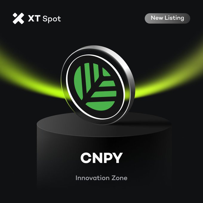 A sleek 3D rendering of a green and black coin labeled 'CNPY' on a black pedestal with 'XT Spot' and 'New Listing' badges above.