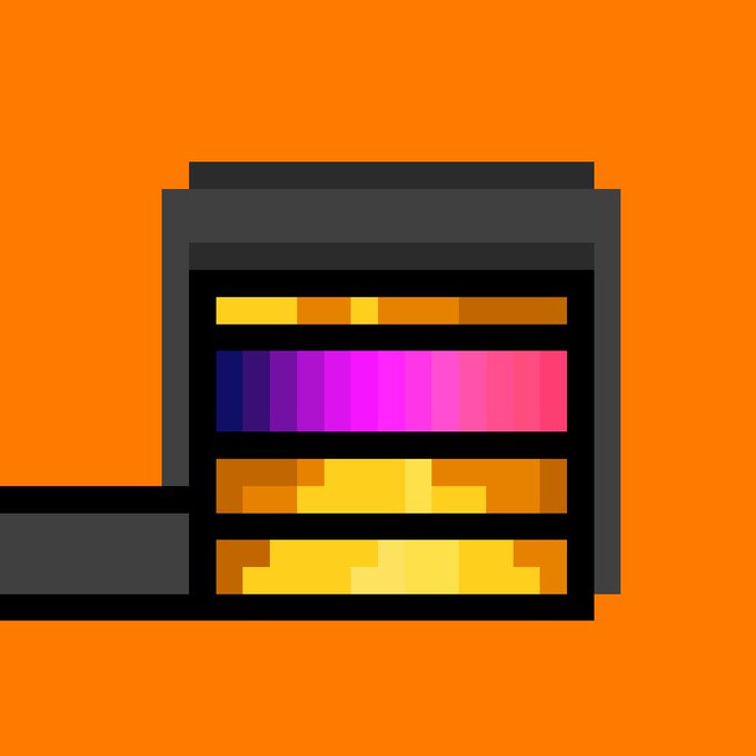 Pixel art of an orange and black cassette tape with a pink-purple stripe on an orange background.