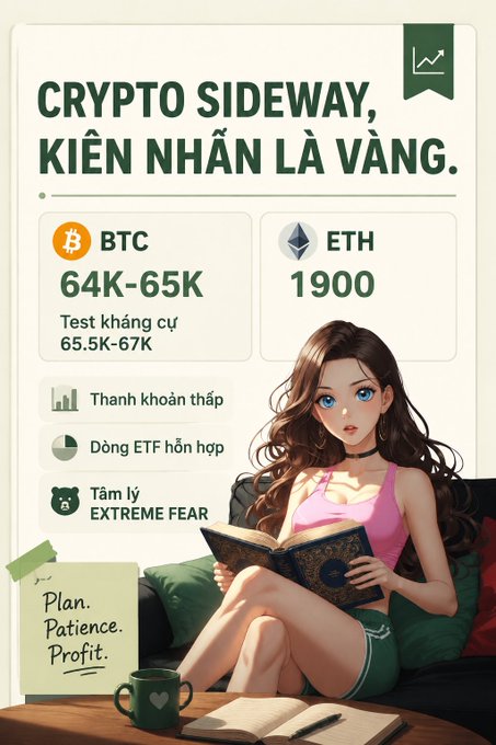 An infographic about cryptocurrency market conditions featuring BTC at 64K-65K (testing resistance at 65.5K-67K) and ETH at 1900, with notes on low liquidity, mixed ETF flows, and 'Extreme Fear' sentiment, illustrated by an anime-style girl reading a book next to a 'Plan. Patience. Profit.' sticky note.