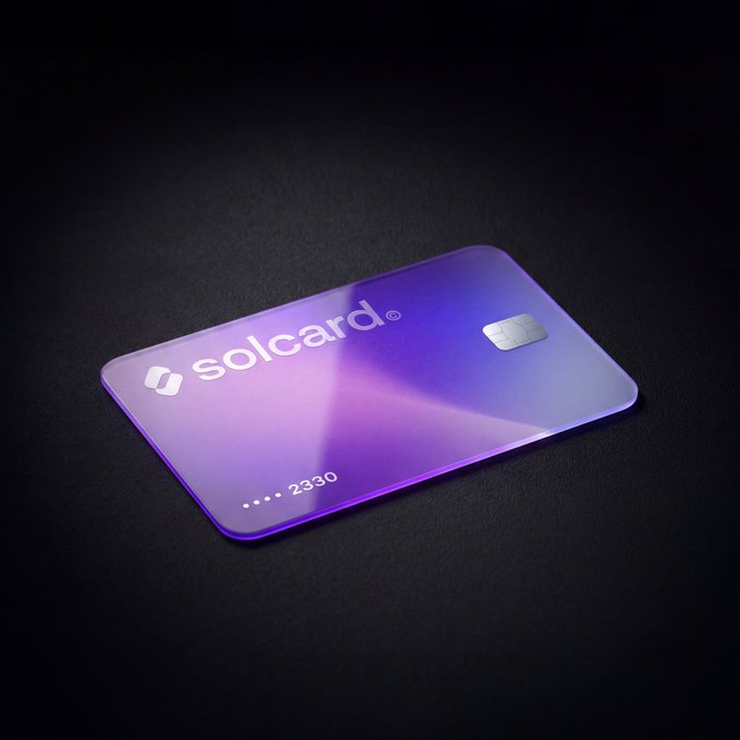 A purple and blue metallic credit card branded 'solcard' with the number 2330 is displayed on a dark surface.