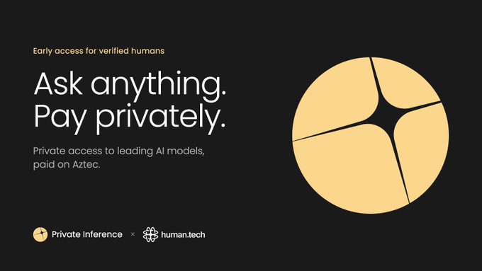 A dark promotional graphic with text reading 'Ask anything. Pay privately.' and 'Private access to leading AI models, paid on Aztec,' alongside a gold circular Aztec logo and logos for 'Private Inference' and 'human.tech'.