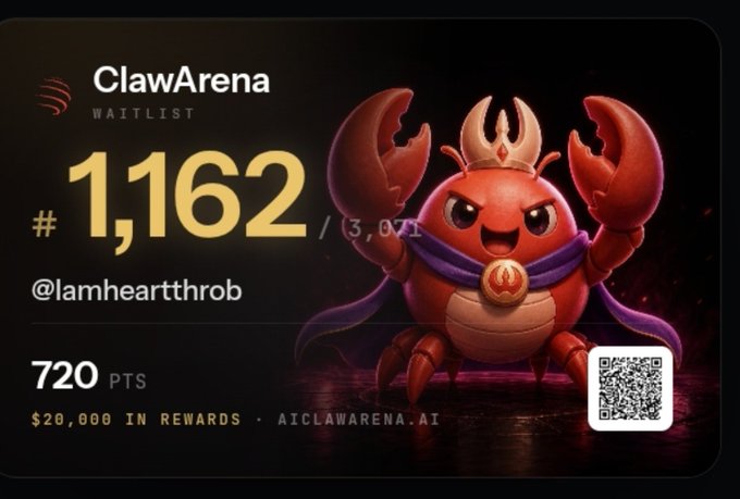 A ClawArena waitlist card for user @lamheartthrob ranked #1,162 out of 3,073 with 720 points, showing a red crab mascot and AICLAWARENA.AI URL.
