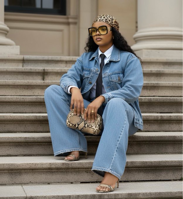 A fashion photograph of a woman sitting on stone steps, wearing a denim jacket over a shirt and tie, loose blue jeans, leopard-print sandals, a leopard-print headscarf, yellow-tinted sunglasses, and holding a snakeskin clutch purse.