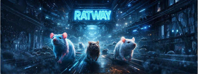 The image shows three rats running through a dark, neon-lit urban tunnel with the glowing blue text "RATWAY" displayed prominently above them, visually promoting the Ratway racing game mentioned in the post. The atmospheric sci-fi setting and central "RATWAY" sign serve as a striking backdrop for announcing Metacade's new marketing initiative on Max OS, where race results and stats from the game will be auto-streamed to social feeds.