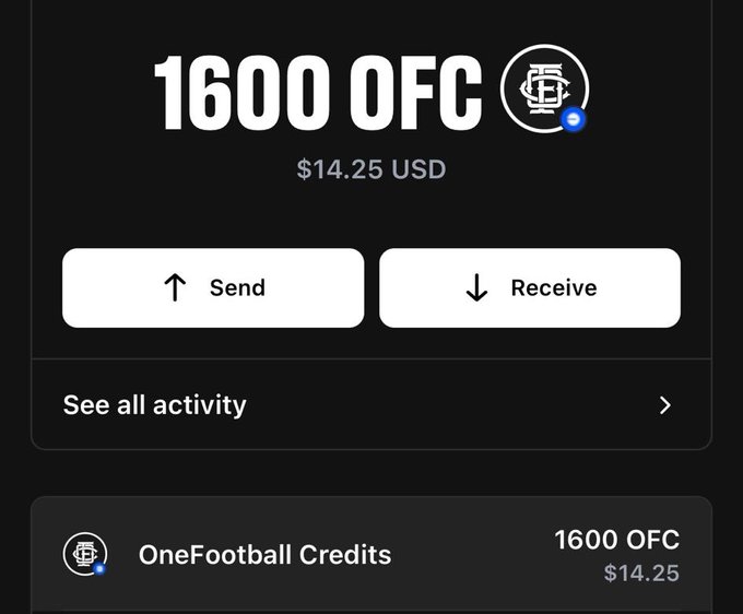 A digital wallet interface showing a balance of '1600 OFC' valued at '$14.25 USD' with Send and Receive buttons and a OneFootball Credits entry.