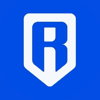 A minimalist white logo on a solid blue background, resembling a stylized letter 'R' inside a shield or bookmark shape.