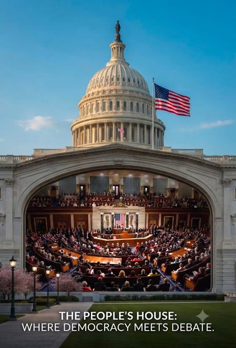 A creative composite image showing the U.S. Capitol dome with an American flag, arching over a cutaway view of the House chamber filled with legislators in session, captioned "THE PEOPLE'S HOUSE: WHERE DEMOCRACY MEETS DEBATE." The image visually reinforces Senator John Barrasso's call to pass the CLARITY Act by symbolizing the halls of Congress where such legislation would be debated and voted on.