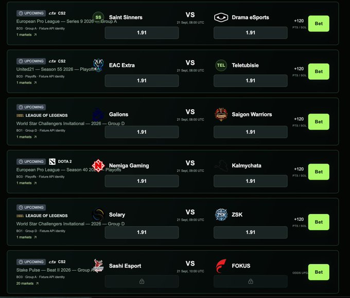 A betting website interface showing upcoming esports matches including CS2 games (Saint Sinners vs Drama eSports, EAC Extra vs Teletubbies) and League of Legends matches (Nemiga Gaming vs Kalmychata, Solary vs ZSK) with odds of 1.91 and green 'Bet' buttons.