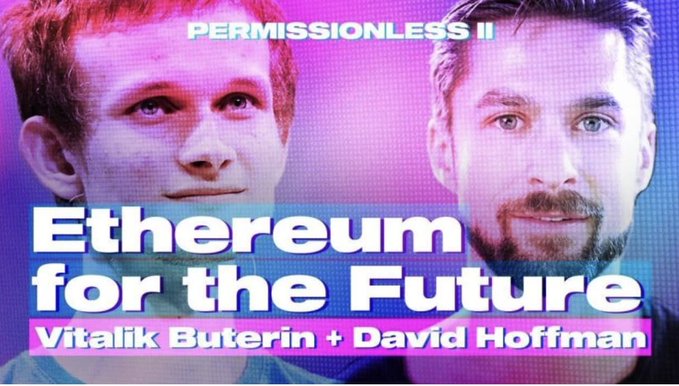 The image features a poster with two men's faces against a purple background. The text above them reads "Permissionless II" and "Ethereum for the future", while below them, there are two more descriptions of the poster. One description talks about the past seven years, where many people bought Ethereum because they believed it could take down the dollar. Another description mentions that the most powerful infrastructure in the world is now built on Ethereum.