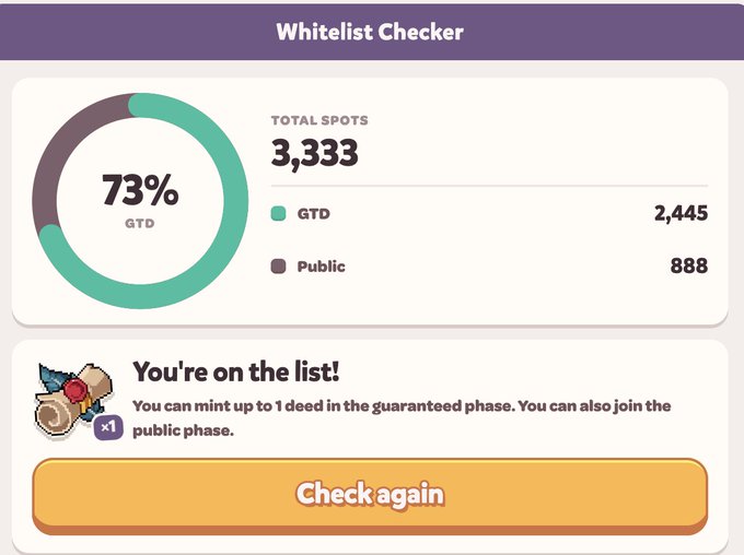 Whitelist Checker interface showing 73% GTD status with 3,333 total spots split into 2,445 GTD and 888 Public, and a 'You're on the list!' message allowing the minting of up to 1 deed in the guaranteed phase, with a 'Check again' button.