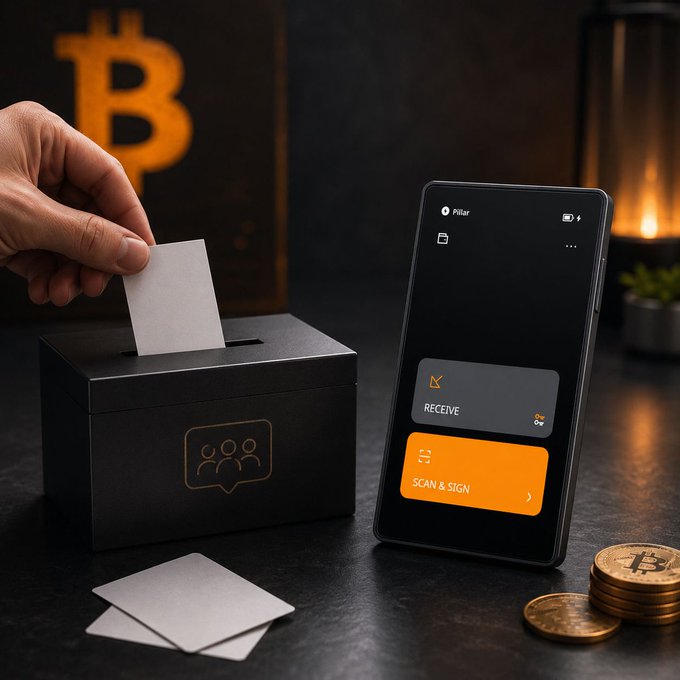 A person inserts a paper into a black Pillar hardware wallet device alongside a smartphone displaying the Pillar app with 'RECEIVE' and 'SCAN & SIGN' buttons, set against a Bitcoin-themed background.
