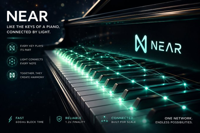 A promotional graphic for "NEAR" blockchain features a glowing green-lit piano keyboard with the text "LIKE THE KEYS OF A PIANO, CONNECTED BY LIGHT," highlighting features like "FAST 600ms BLOCK TIME" and "RELIABLE 1.2s FINALITY."