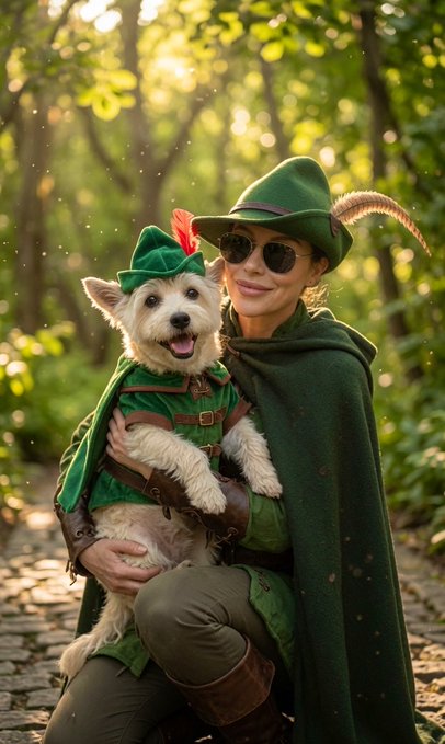 A woman in a green Robin Hood-style hat and cape poses with her white terrier dog, who is similarly dressed in a green tunic and hat, in a sunlit forest setting.