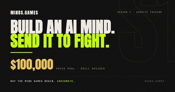 A dark promotional banner for "MINDS.GAMES" featuring bold text reading "BUILD AN AI MIND. SEND IT TO FIGHT." with a $100,000 prize pool and the tagline "MAY THE MIND GAMES BEGIN. CHECKMATE." — directly aligning with the post's announcement of the Anichess team's new project launching with $100K in prizes on the Robinhood Chain.
