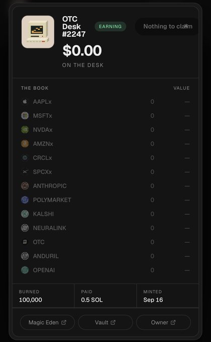 A screenshot of an OTC Desk #2247 interface showing $0.00 on the desk with various tokens like AAPLx, MSFTx, NVDAx, AMZNx, CRCLx, SPCXx, ANTHROPIC, POLYMARKET, KALSHI, NEURALINK, OTC, ANDURIL, and OPENAI, all with zero values.