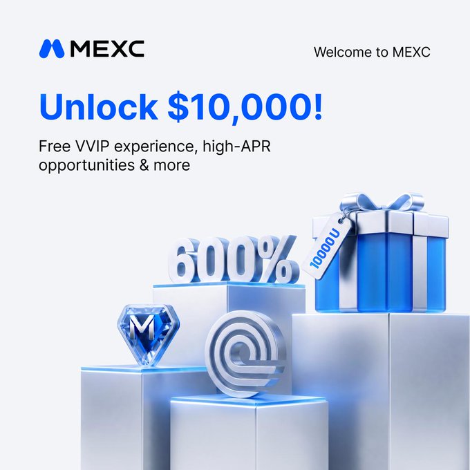 A MEXC cryptocurrency promotional graphic featuring the text "Welcome to MEXC", "Unlock $10,000!", "Free VVIP experience, high-APR opportunities & more", and "600%".