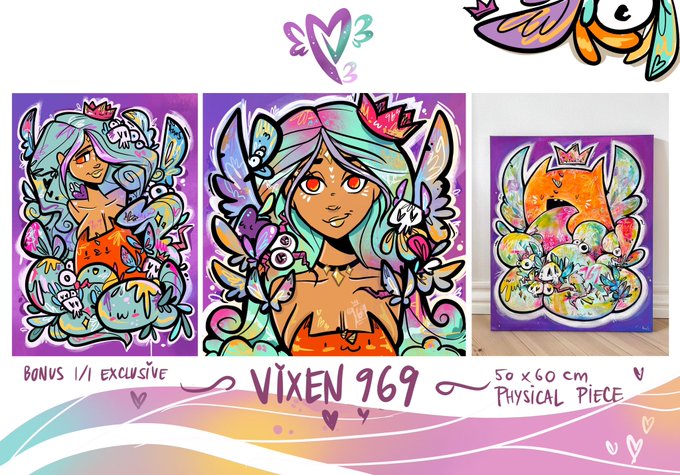 A promotional graphic for 'VIXEN 969' artwork featuring a colorful female character, showing three views including a 'BONUS 1/1 EXCLUSIVE' digital piece and a '50 x 60 cm PHYSICAL PIECE'.