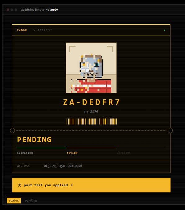 A digital application status screen displays the code 'ZA-DEDFR7' with the username '@v_3394' and indicates a 'PENDING' review status, including the text 'X post that you applied ↗' on a yellow banner.