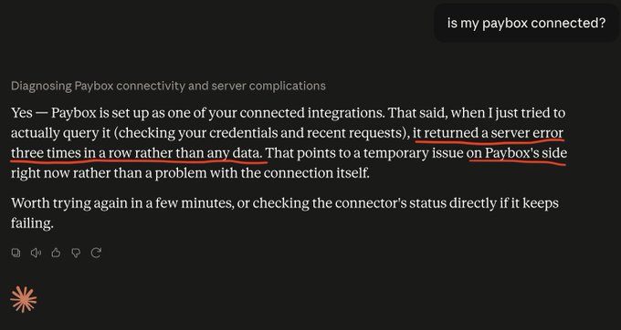 A screenshot of a Claude.ai chat response showing it diagnosing a Paybox connectivity issue, noting that the user's Paybox integration is connected but "returned a server error three times in a row," with the error message underlined in red to highlight Paybox's service problems—supporting the post's claim about MoonPay platform issues.