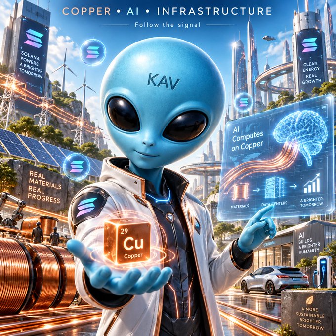 Futuristic promotional artwork features an alien character holding a 'Cu Copper' cube, with text promoting 'COPPER • AI • INFRASTRUCTURE' and 'AI Computes on Copper'.