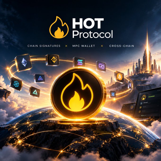 A promotional graphic for HOT Protocol displaying 'CHAIN SIGNATURES x MPC WALLET x CROSS-CHAIN' above a glowing flame emblem surrounded by crypto token icons against a futuristic cityscape.
