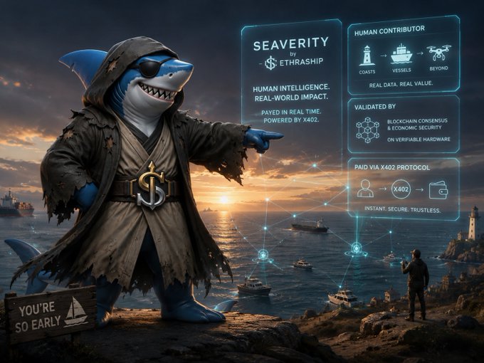A pirate shark in a tattered coat and eyepatch stands on a cliff beside floating panels promoting "SEAVERITY by ETHRASHIP," with text highlighting human contributors from coasts and vessels, blockchain validation, and X402 protocol payments. The whimsical imagery reinforces the post's message that SeaVerity prioritizes real human input for maritime data that AI cannot verify alone.