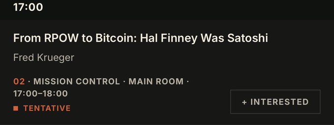 A dark event schedule entry reads '17:00 - From RPOW to Bitcoin: Hal Finney Was Satoshi' by Fred Krueger, marked as 'TENTATIVE' in the 'MISSION CONTROL · MAIN ROOM'.