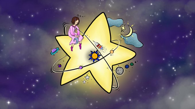 Illustration of a person in pink clothing sitting on a glowing yellow star in outer space, fishing with a rocket as bait among planets and moons.