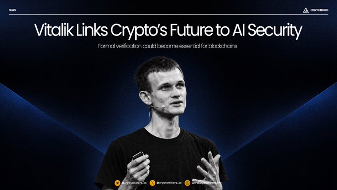 A news headline reading "Vitalik Links Crypto's Future to AI Security" with subtitle "Formal verification could become essential for blockchains," featuring a black-and-white photo of Vitalik Buterin speaking at a Crypto Summit event.