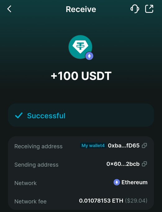 A crypto wallet app screenshot showing a successful transaction 'Receive +100 USDT' on the Ethereum network, with a network fee of 0.01078153 ETH ($29.04).