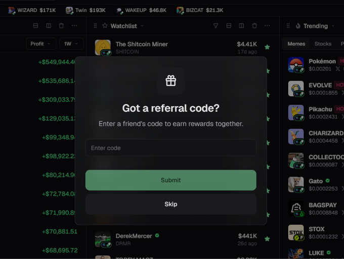A cryptocurrency/meme coin trading dashboard screenshot showing a 'Got a referral code?' pop-up dialog over a Watchlist that includes $HITCOIN (The Shitcoin Miner) and a Trending column featuring Pokémon-themed tokens like EVOLVE, Pikachu, CHARIZARD, and others.