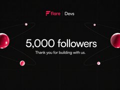 The image displays a celebratory graphic from "Flare Devs" announcing "5,000 followers" with the message "Thank you for building with us," set against a dark background with red planetary orbs, acknowledging the community milestone referenced in the post about @FlareDevHub's contributions to the $FLR ecosystem.