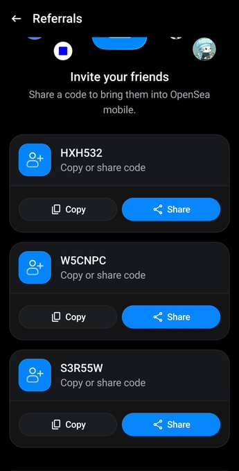 A mobile app screenshot of an OpenSea Referrals page showing invite codes 'HXH532', 'W5CNPC', and 'S3R55W' with options to copy or share each code.