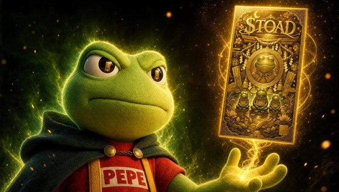 A green Pepe frog wearing a "PEPE" shirt conjures a glowing golden "$TOAD" trading card from his hand, promoting a giveaway of SOL to 10 participants tied to the $TOAD ticker. The mystical, magical imagery emphasizes the crypto token's enchanting appeal.