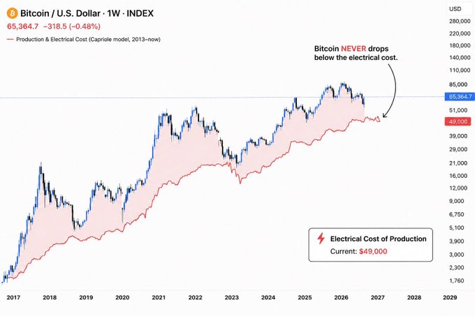 A weekly Bitcoin/USD chart (ticker shown at $65,364.7) from 2017 to 2028 plots price against the "Production & Electrical Cost (Capriole model)," with the current electrical cost of production at $49,000 and a callout highlighting that Bitcoin has historically never dropped below this electrical cost floor. The visualization reinforces the post's claim by showing the price action consistently trading above the rising pink cost-of-production line across the entire timeframe.