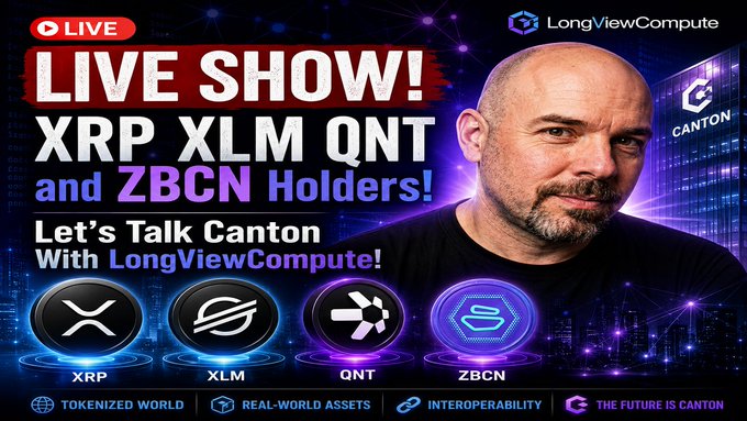 The image features a man with a bald head, wearing a black shirt, standing against a blue background. The main focus of the image is a banner that reads "Live Show! XRP XLM QNT and ZBCN Holders!" at the top, followed by a list of four different icons representing various cryptocurrencies such as Bitcoin, Ripple, and Ethereum. Below this, there's text that says "Let's Talk Canton With LongViewCompute!", indicating that the image is related to a live show or event where people can discuss and learn about cryptocurrency technology.
