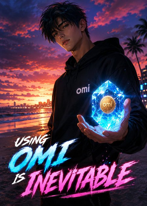 The image features a man holding a blue crystal, which appears to be a piece of art or a digital illustration related to Omi. The caption reads "Using Omi is Invitable", suggesting that the image promotes the use of Omi for gaining exposure in the VeVe ecosystem.