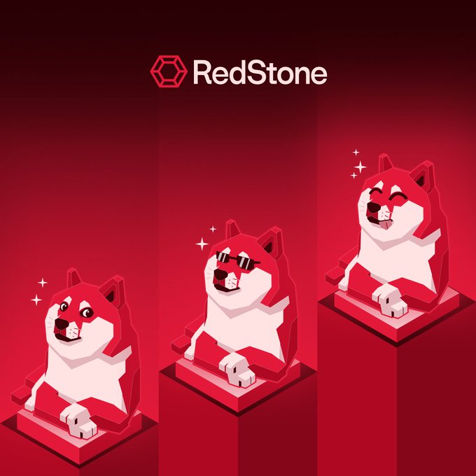 The RedStone logo sits above an illustration of three stylized dog figures, rendered in red and white, sitting on pedestals.