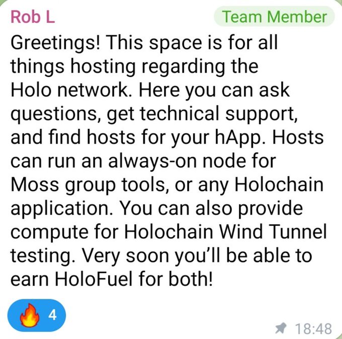 A Discord message from "Rob L" (Team Member) at 18:48 reads: "Greetings! This space is for all things hosting regarding the Holo network... You can also provide compute for Holochain Wind Tunnel testing. Very soon you'll be able to earn HoloFuel for both!" — with the post highlighting the updated "VERY SOON" language about earning HoloFuel as a shift in Holo's timeline messaging.