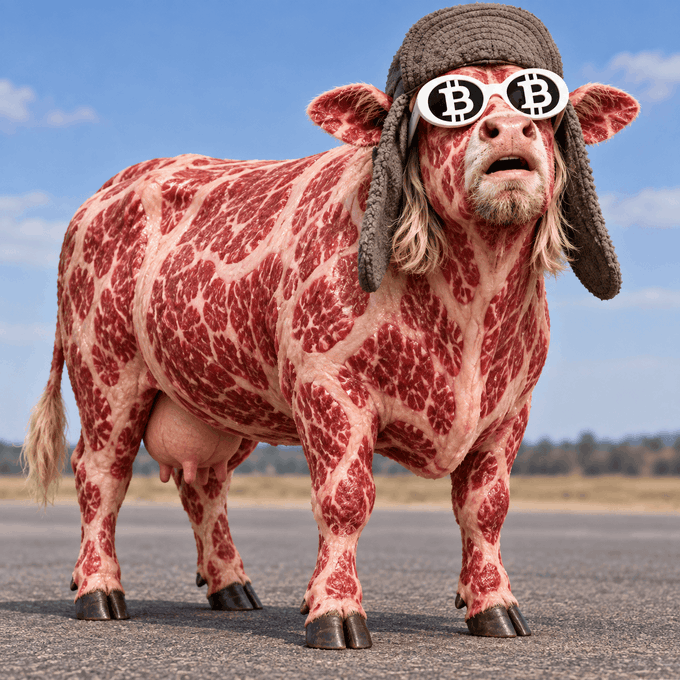 A cow patterned entirely like raw wagyu beef stands on a road, sporting a furry winter hat with ear flaps, a goatee, and sunglasses emblazoned with the Bitcoin (₿) logo. The image humorously visualizes the joke's "Cobie beef"—a tongue-in-cheek Bitcoin tier surpassing wagyu, aged a dozen years on Crypto Twitter.