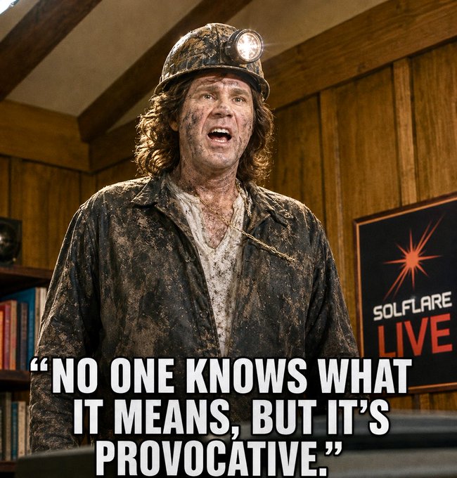 The image features an actor dressed as a coal miner with a hat and a dirty jacket standing next to a poster for Solflare Live, which has a red star on it. The text above the image reads "no one knows what it means, but it's provocative." This quote is attributed to the actor in the image who appears to be talking about his job as a coal miner and how he gets dirty while working.