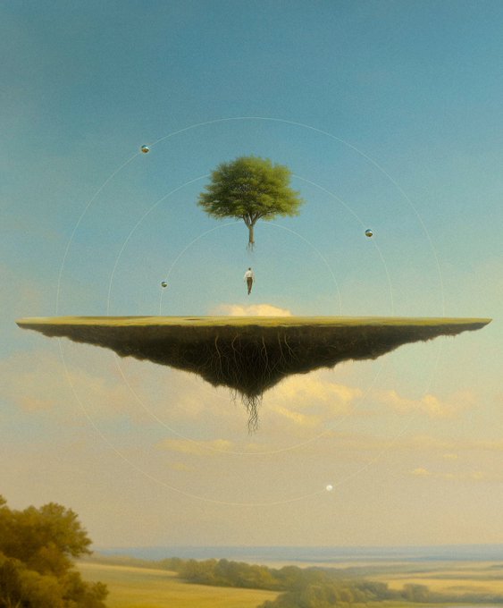 A surreal painting of a floating island with roots hanging below, a single tree on top, and a person suspended mid-air, surrounded by faint concentric circles.