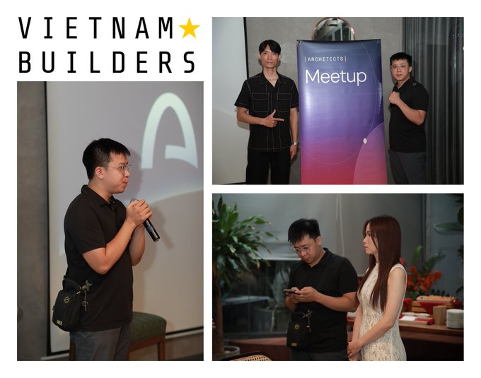 A collage of three photos labeled 'VIETNAM BUILDERS' showing attendees at an '[ARCHITECTS] Meetup' event, featuring a speaker with a microphone and people standing beside a branded banner.